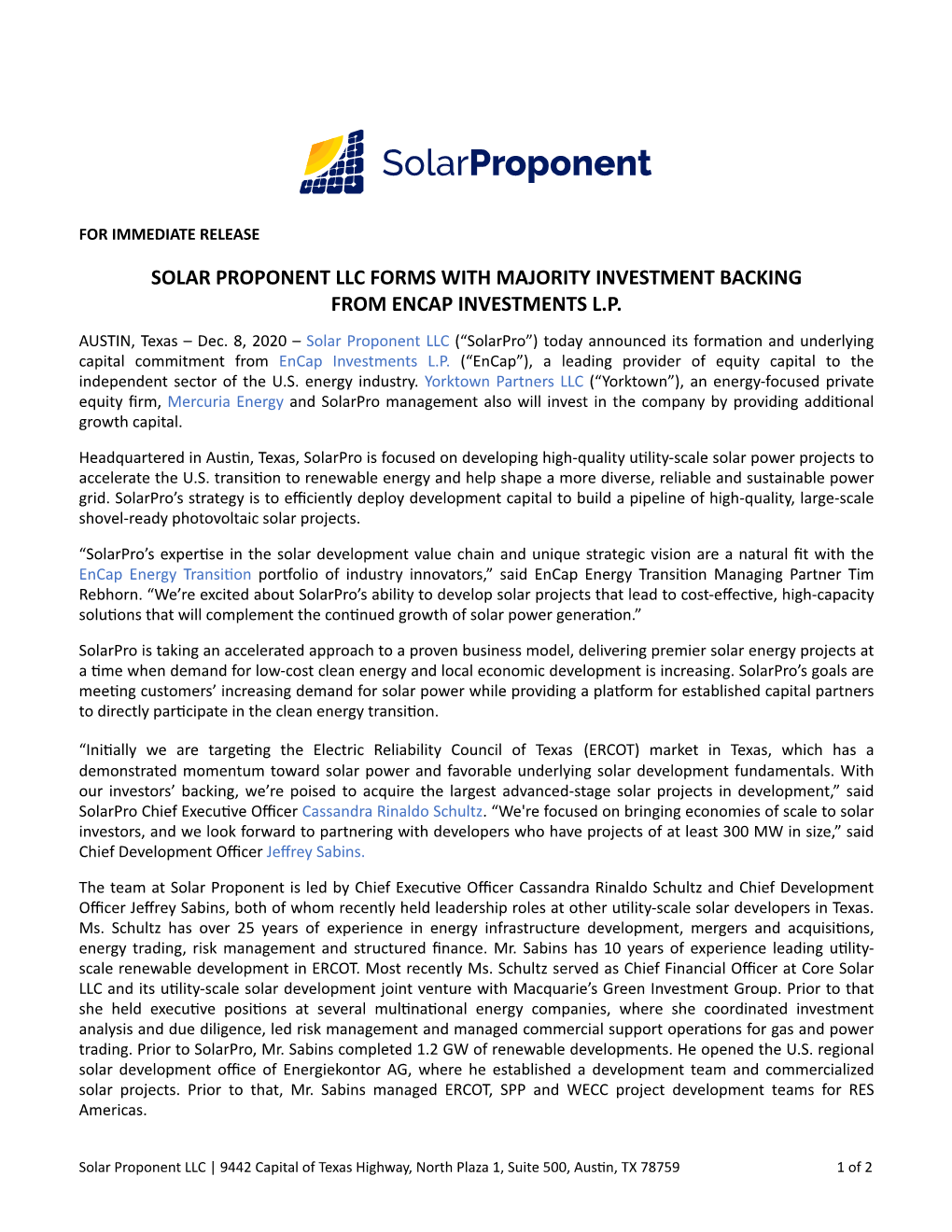 Solar Proponent Llc Forms with Majority Investment Backing from Encap Investments L.P