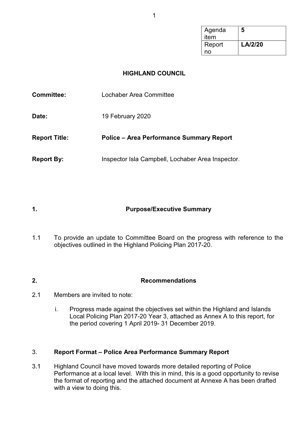 Police Scotland Local Committee Performance Report