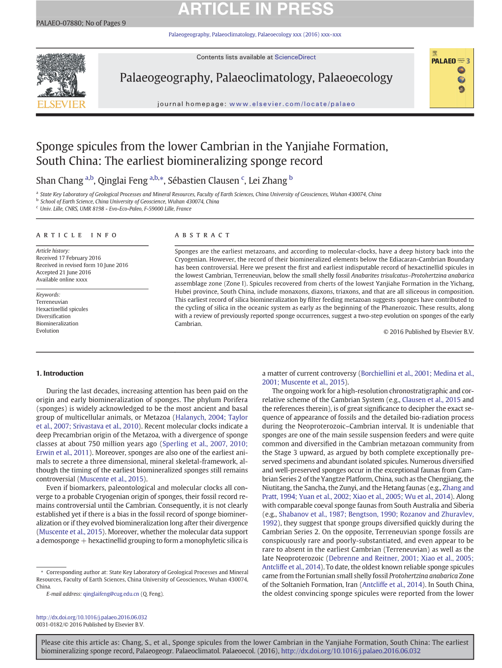 Sponge Spicules from the Lower Cambrian in the Yanjiahe Formation, South China: the Earliest Biomineralizing Sponge Record