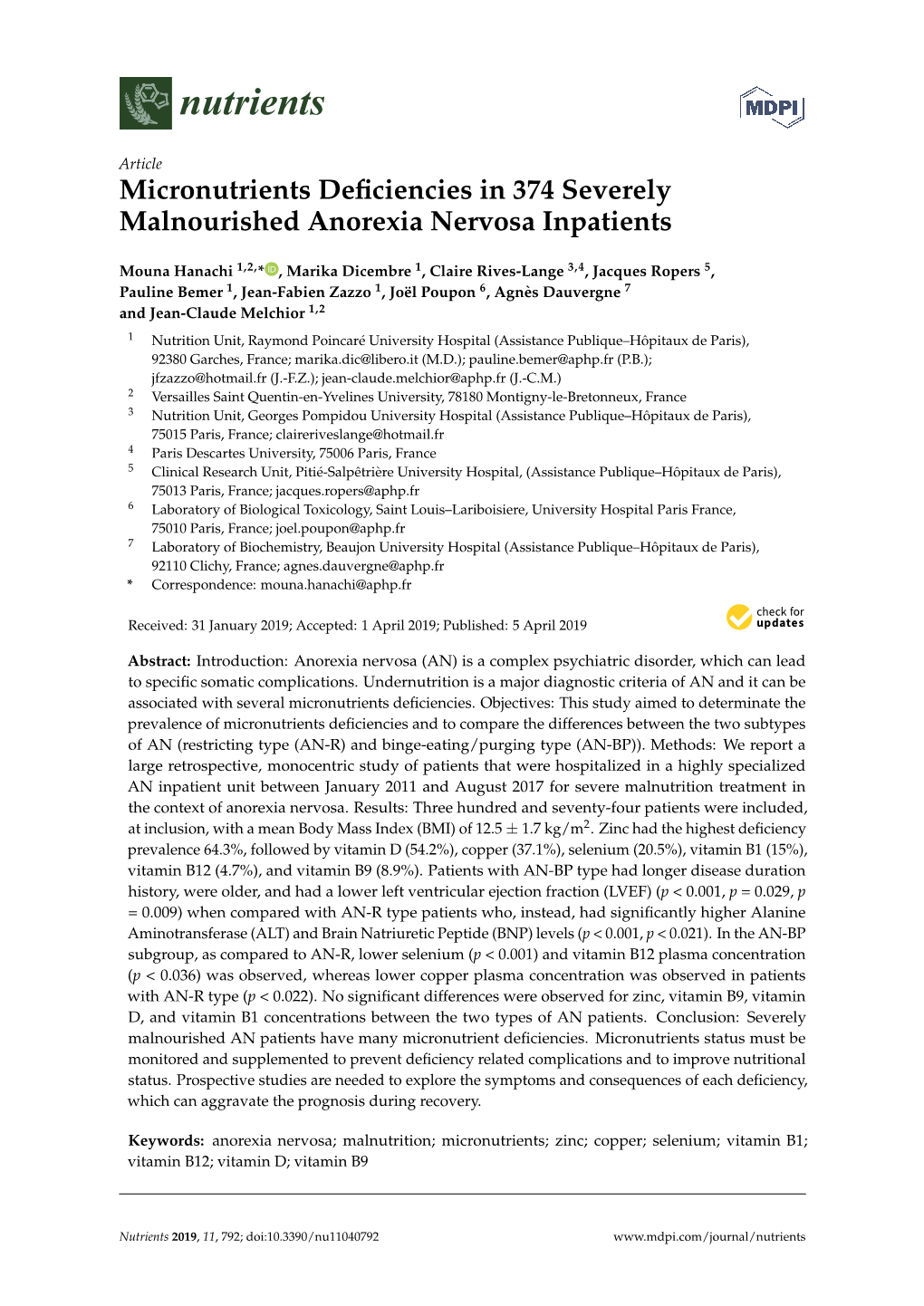 Micronutrients Deficiencies in 374 Severely Malnourished Anorexia