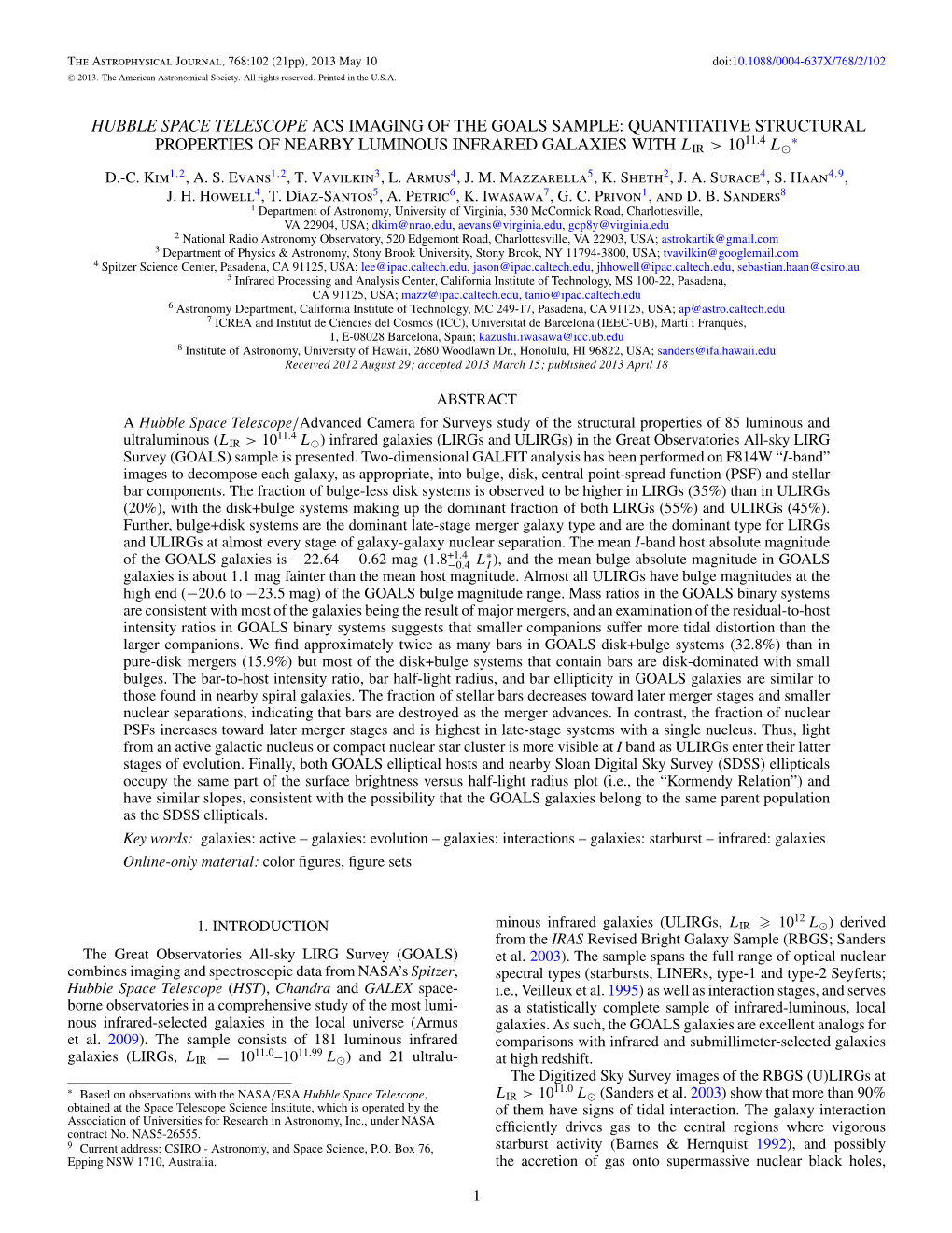 Hubble Space Telescope Acs Imaging of the Goals Sample: Quantitative Structural 11.4 ∗ Properties of Nearby Luminous Infrared Galaxies with Lir > 10 L� D.-C