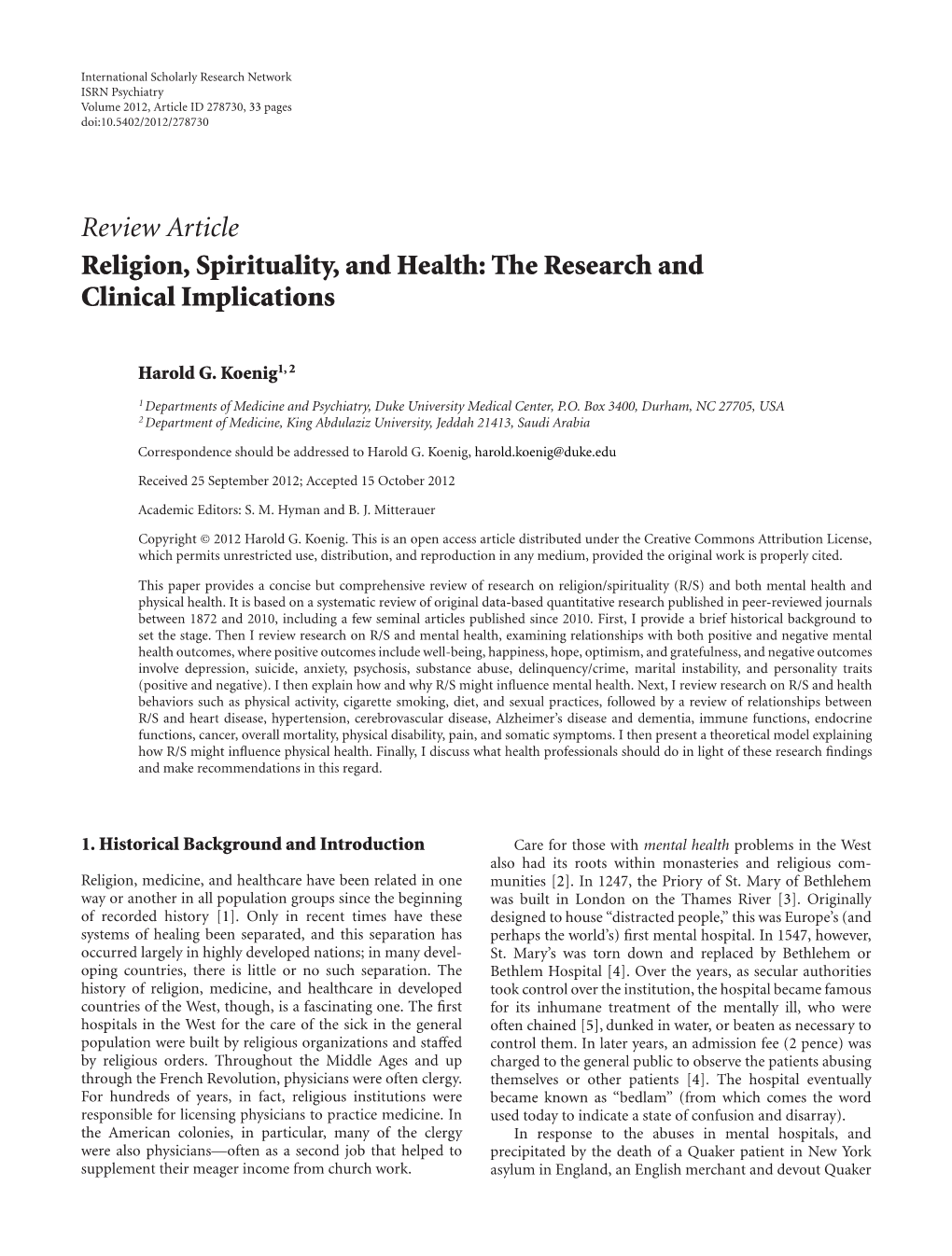 Review Article Religion, Spirituality, and Health: the Research and Clinical Implications