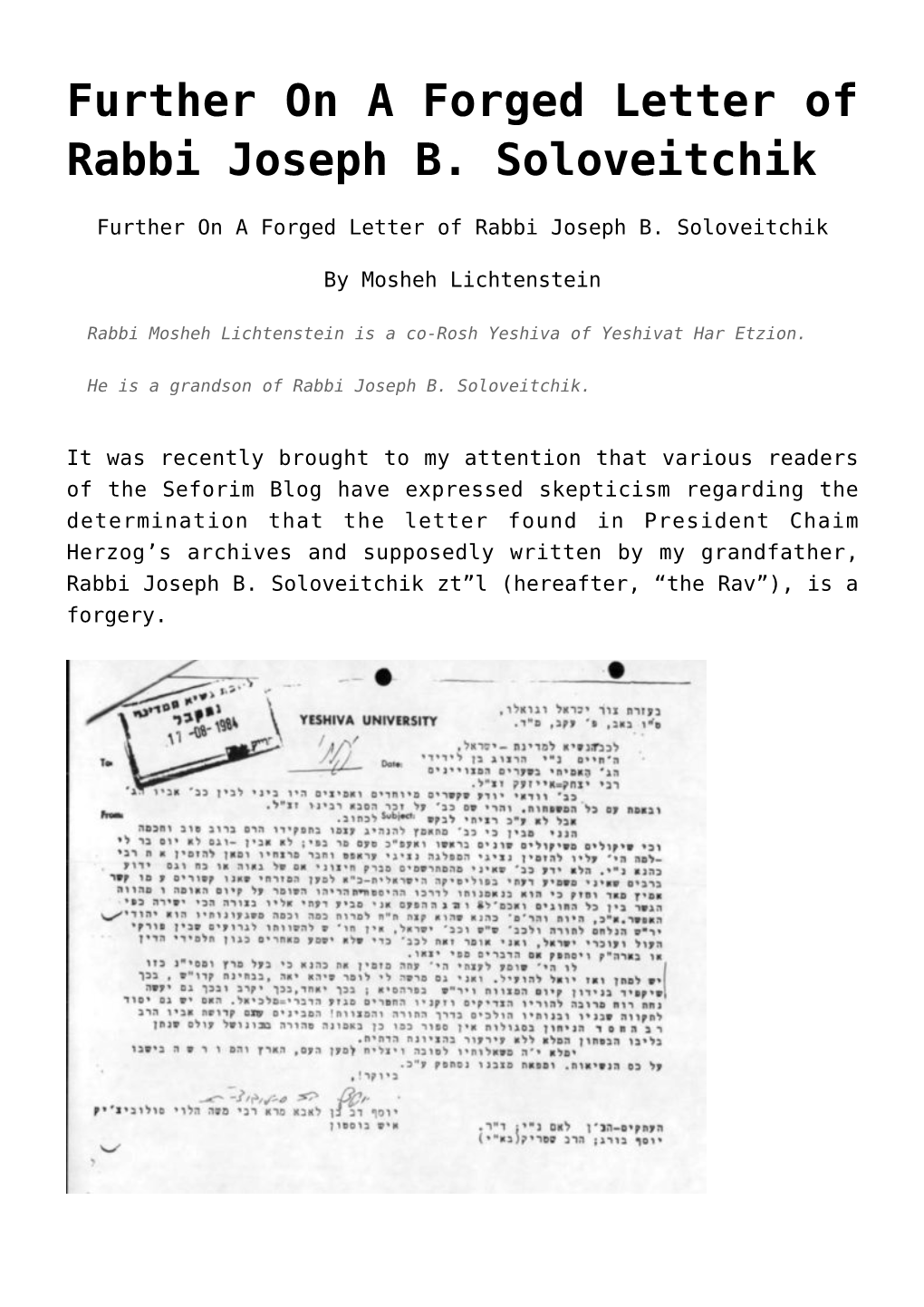 Further on a Forged Letter of Rabbi Joseph B. Soloveitchik