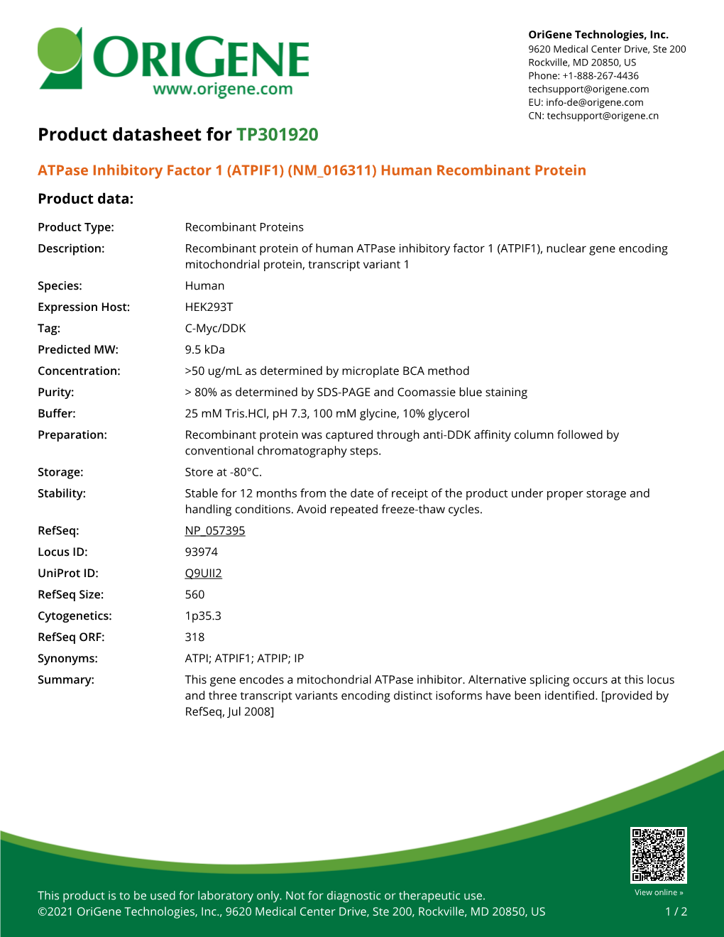 Atpase Inhibitory Factor 1 (ATPIF1) (NM 016311) Human Recombinant Protein Product Data