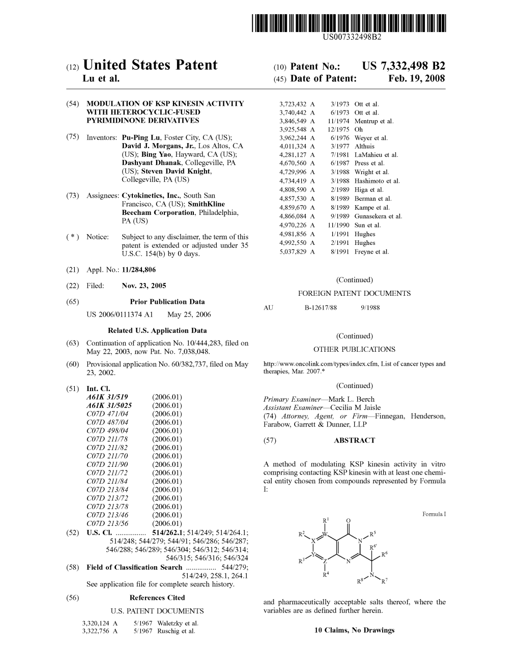 (12) United States Patent (10) Patent No.: US 7,332.498 B2 Lu Et Al