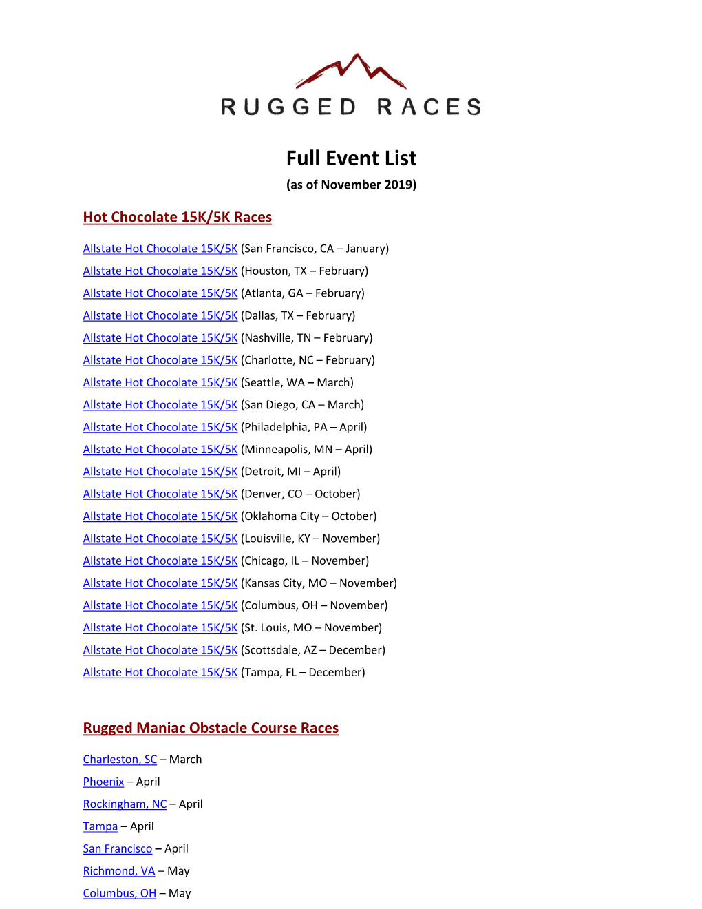 Full Event List (As of November 2019) Hot Chocolate 15K/5K Races