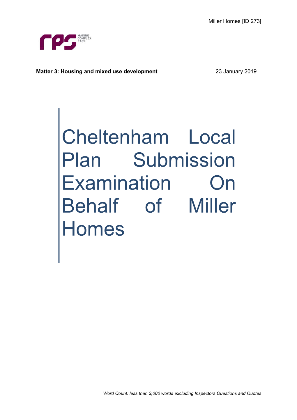 Cheltenham Local Plan Submission Examination on Behalf of Miller Homes