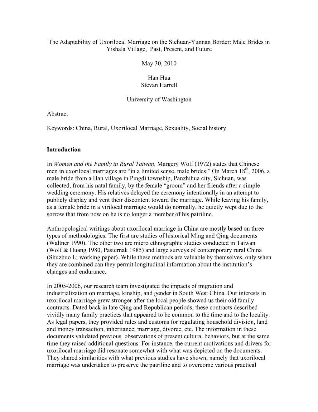 The Adaptability of Uxorilocal Marriage on the Sichuan-Yunnan Border: Male Brides in Yishala Village, Past, Present, and Future