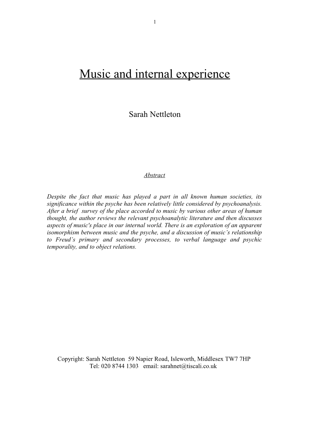 Music and Internal Experience