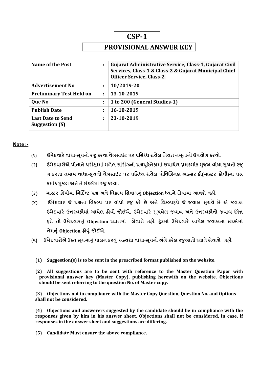 Csp-1 Provisional Answer Key