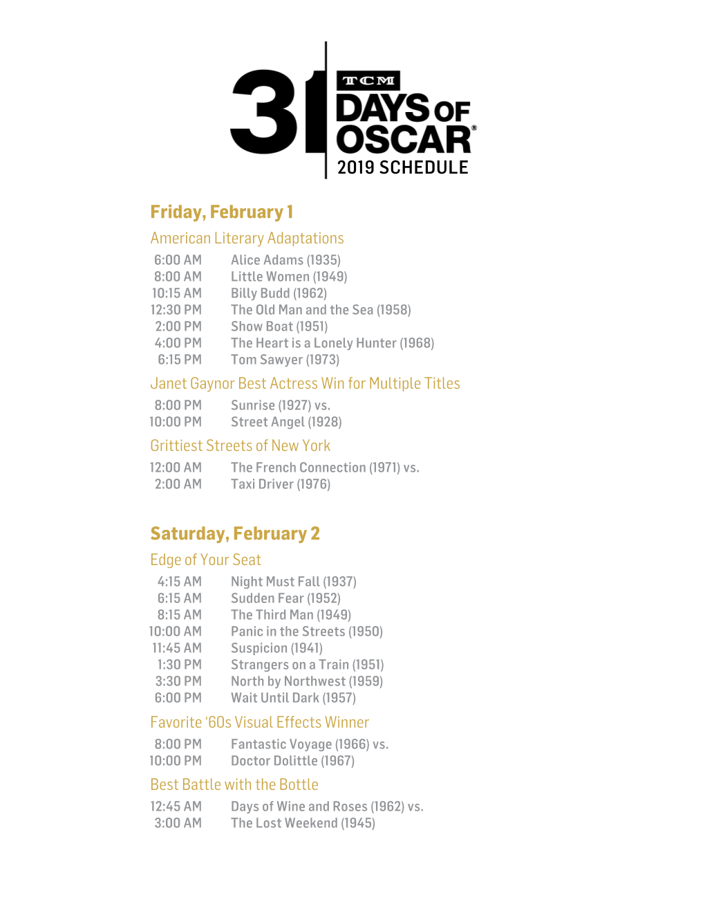 Saturday, February 2 Friday, February 1 2019 SCHEDULE