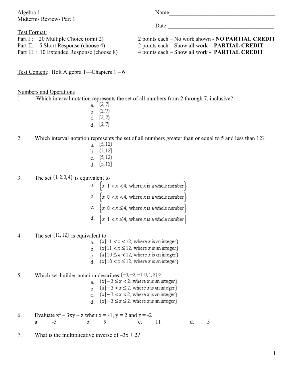 Midterm Review Integrated Algebra 1