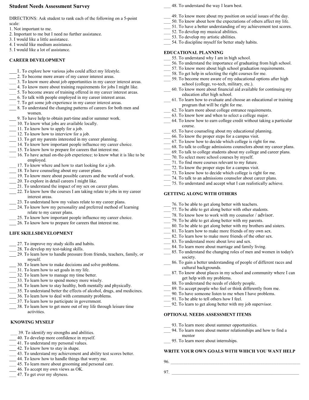 Student Needs Assessment Survey