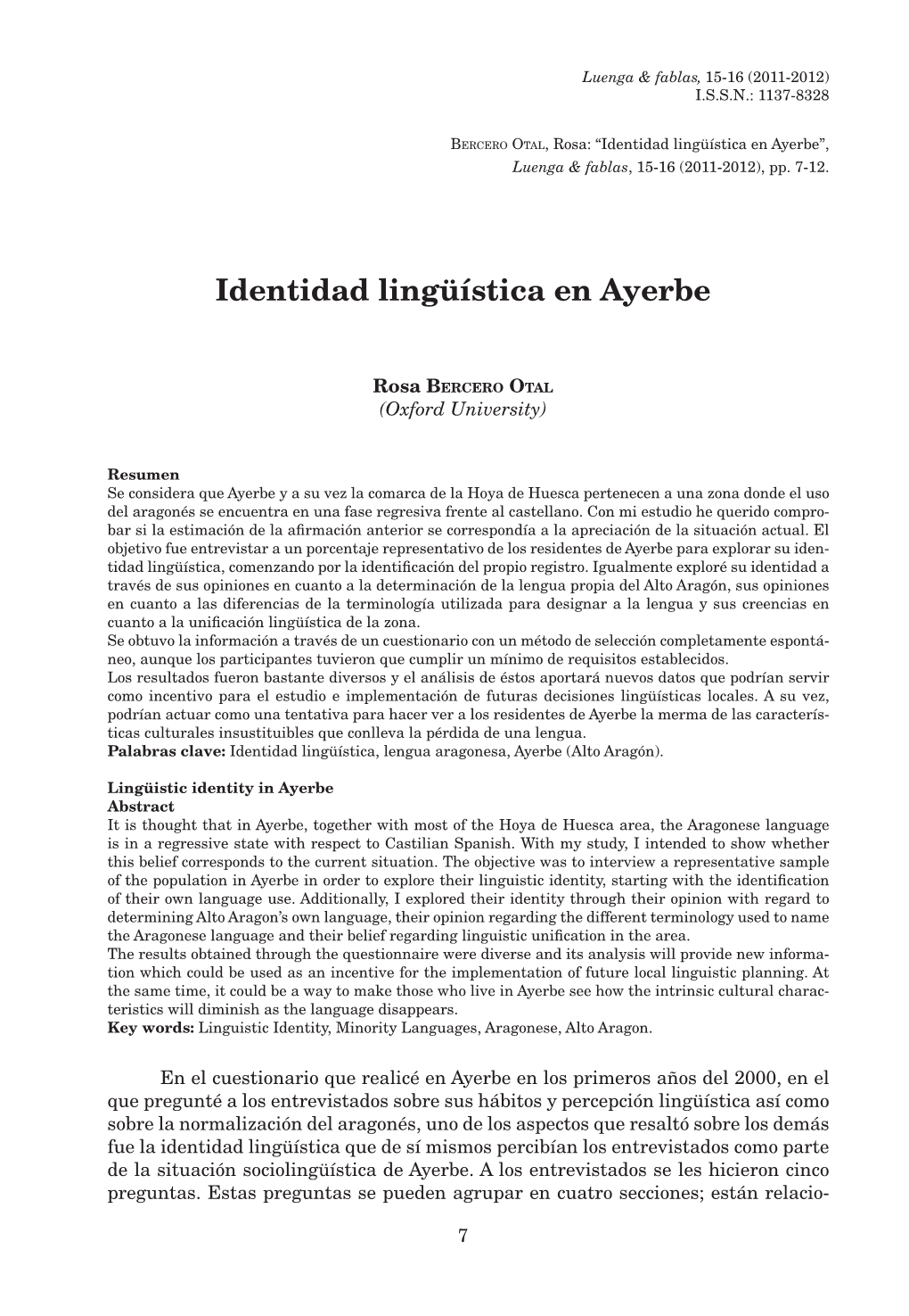 Identidad Lingüística En Ayerbe”, Luenga & Fablas, 15-16 (2011-2012), Pp