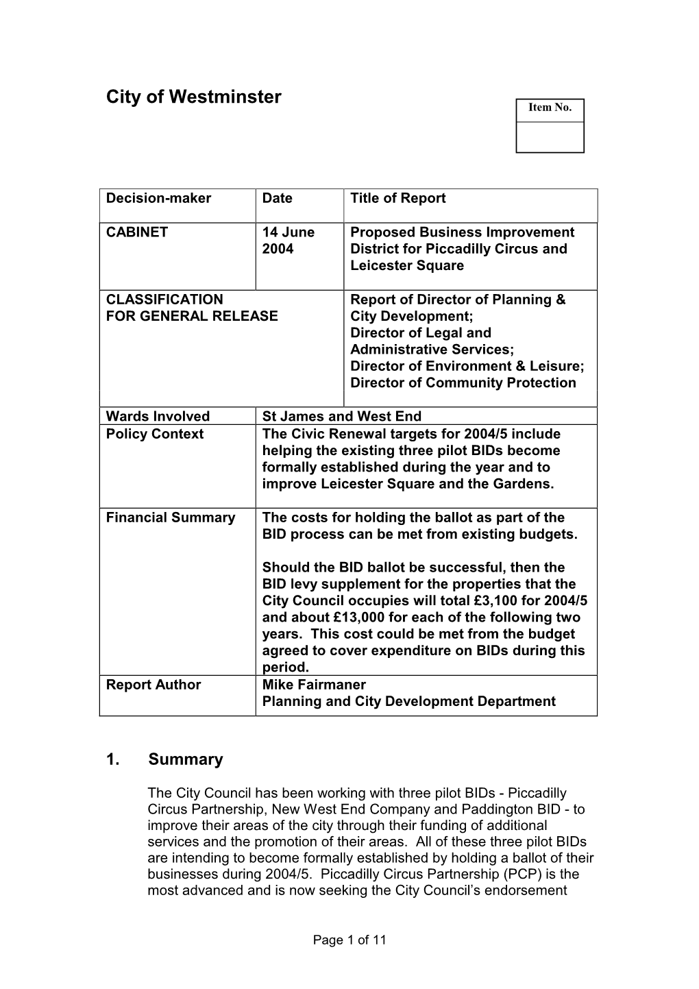 Item 7 Piccadilly Circus BID(14 June 2004)