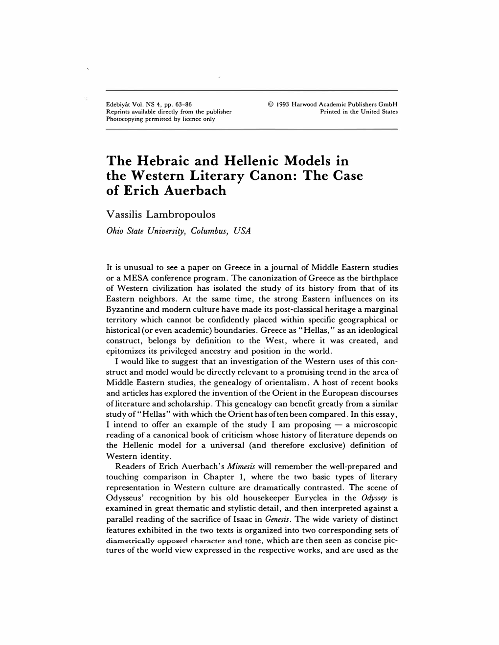 The Hebraic and Hellenic Models in the Western Literary Canon: the Case of Erich Auerbach