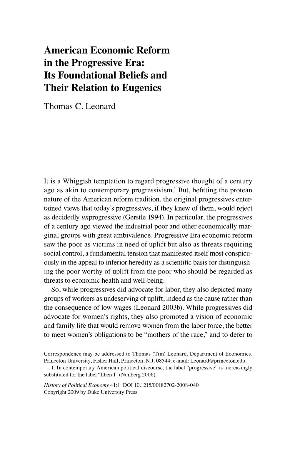 American Economic Reform in the Progressive Era: Its Foundational Beliefs and Their Relation to Eugenics Thomas C