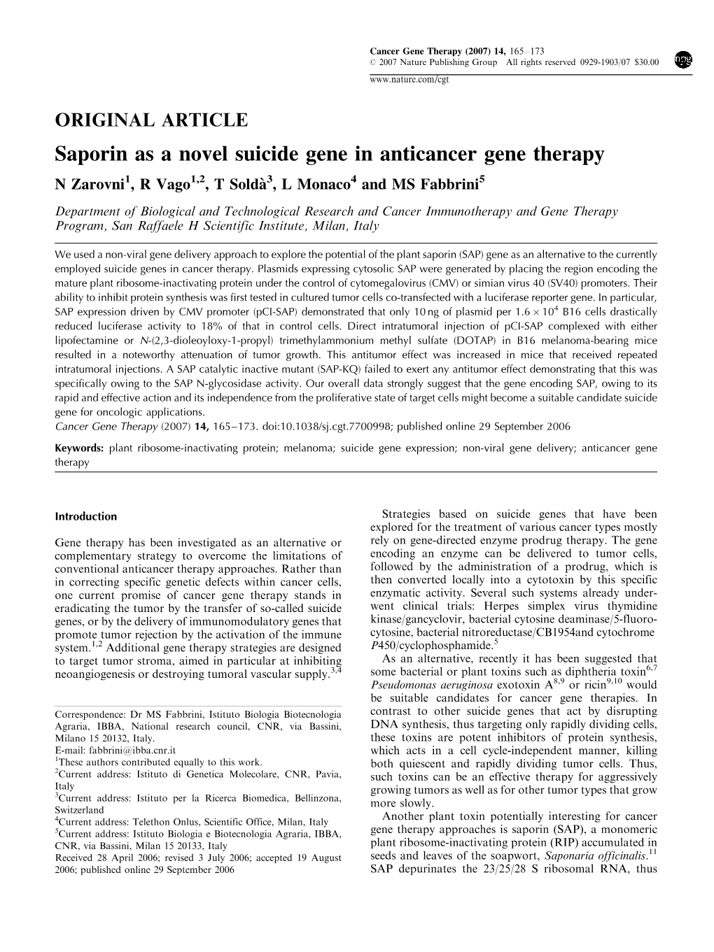 Saporin As a Novel Suicide Gene in Anticancer Gene Therapy