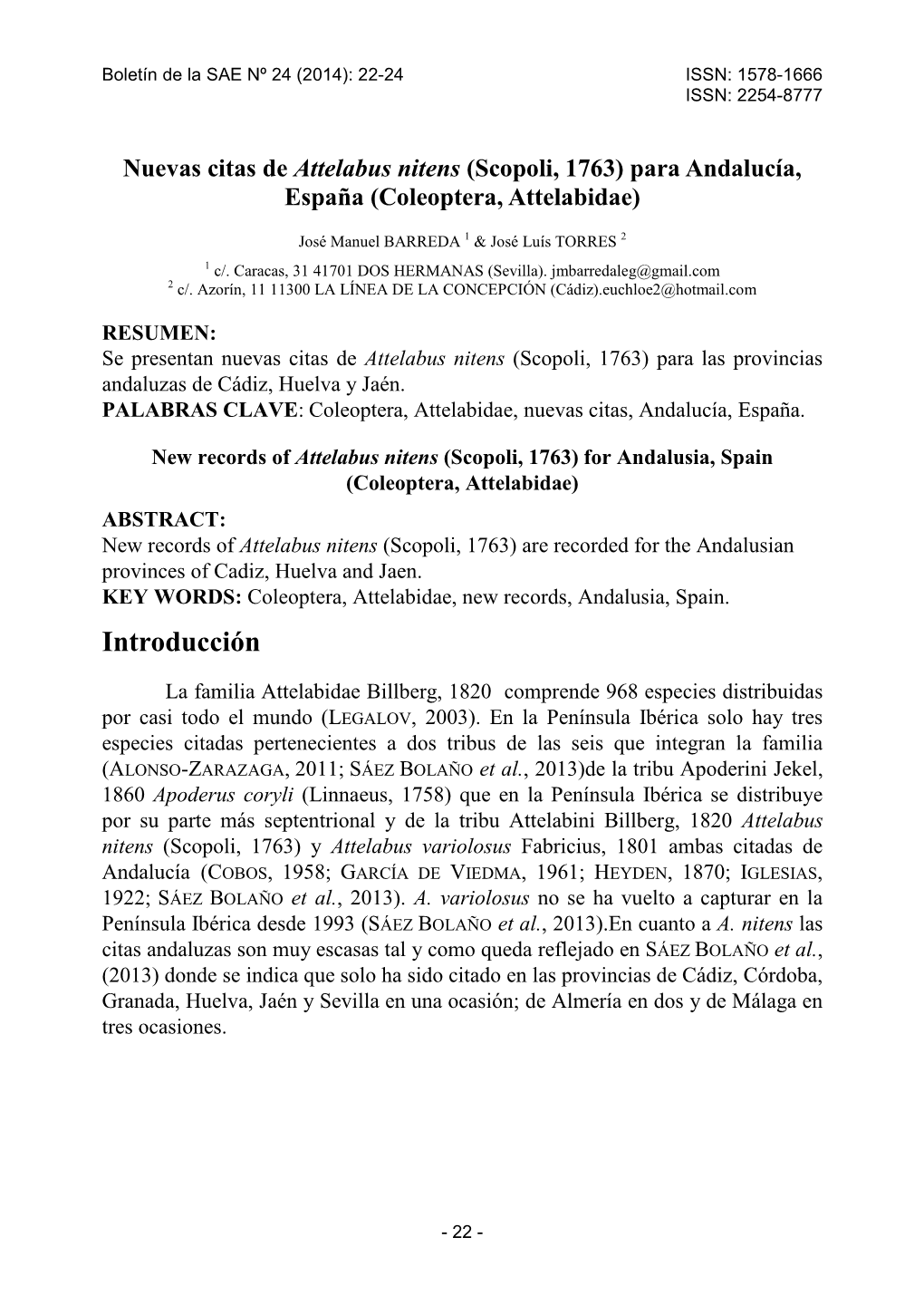 Nuevas Citas De Attelabus Nitens (Scopoli, 1763) Para Andalucía, España (Coleoptera, Attelabidae)