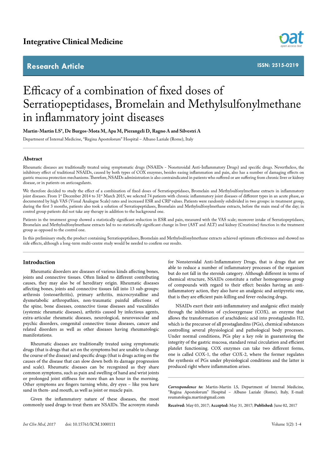 Efficacy of a Combination of Fixed Doses of Serratiopeptidases, Bromelain and Methylsulfonylmethane in Inflammatory Joint Diseas