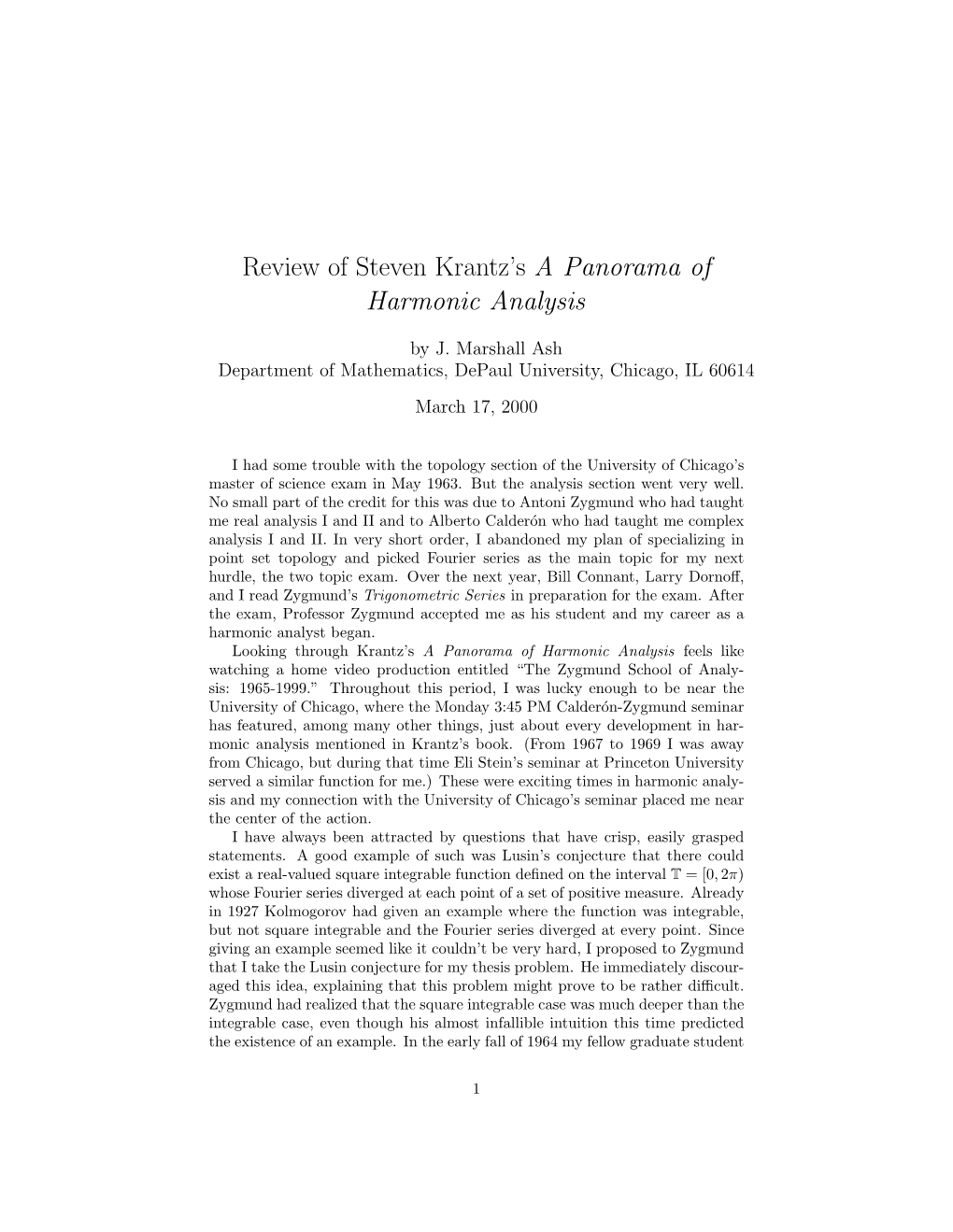 Review of Steven Krantz's a Panorama of Harmonic Analysis