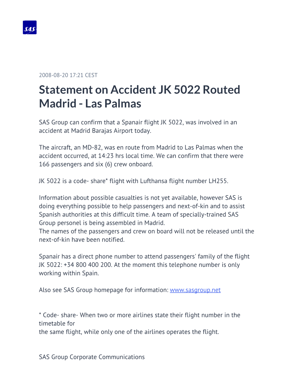 Statement on Accident JK 5022 Routed Madrid - Las Palmas