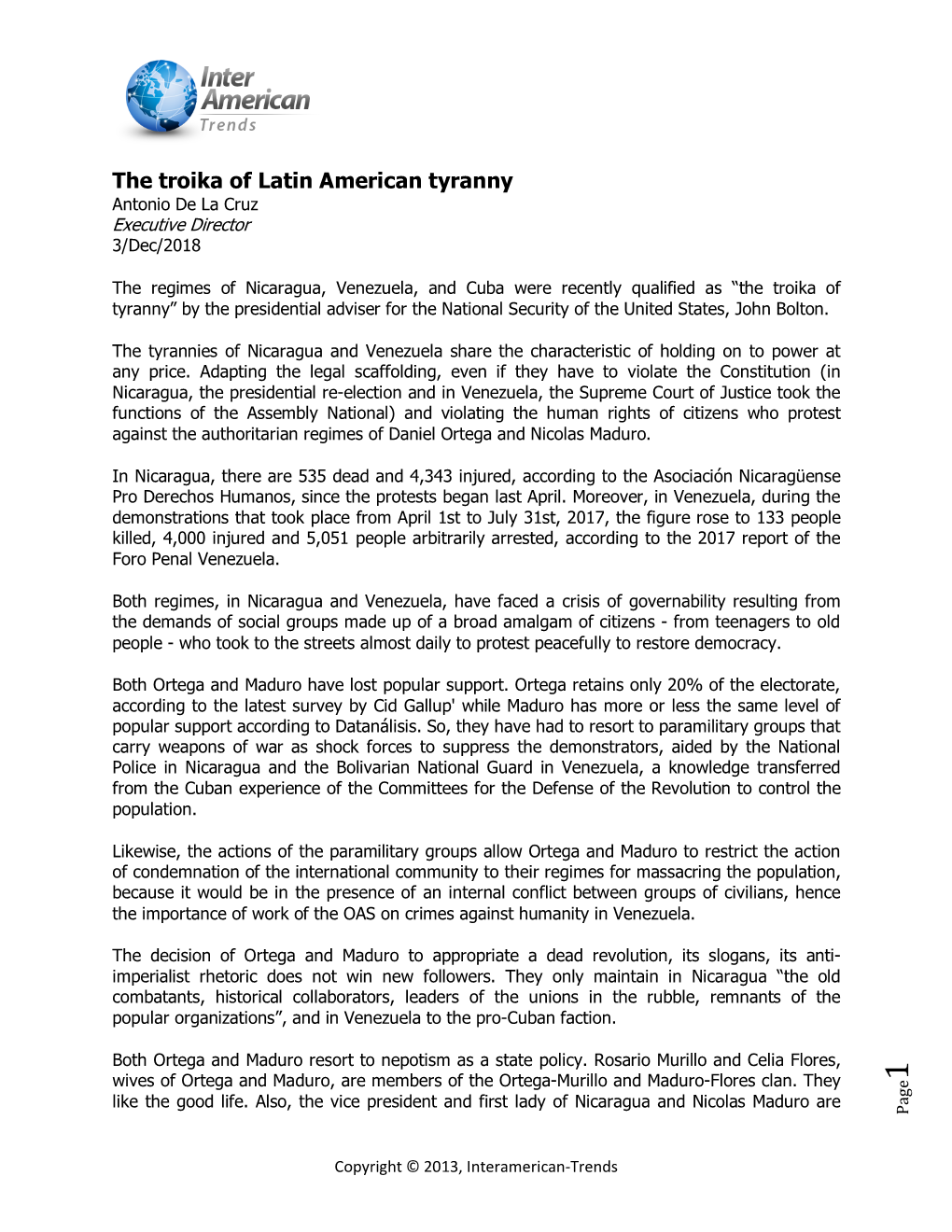 The Troika of Latin American Tyranny Antonio De La Cruz Executive Director 3/Dec/2018