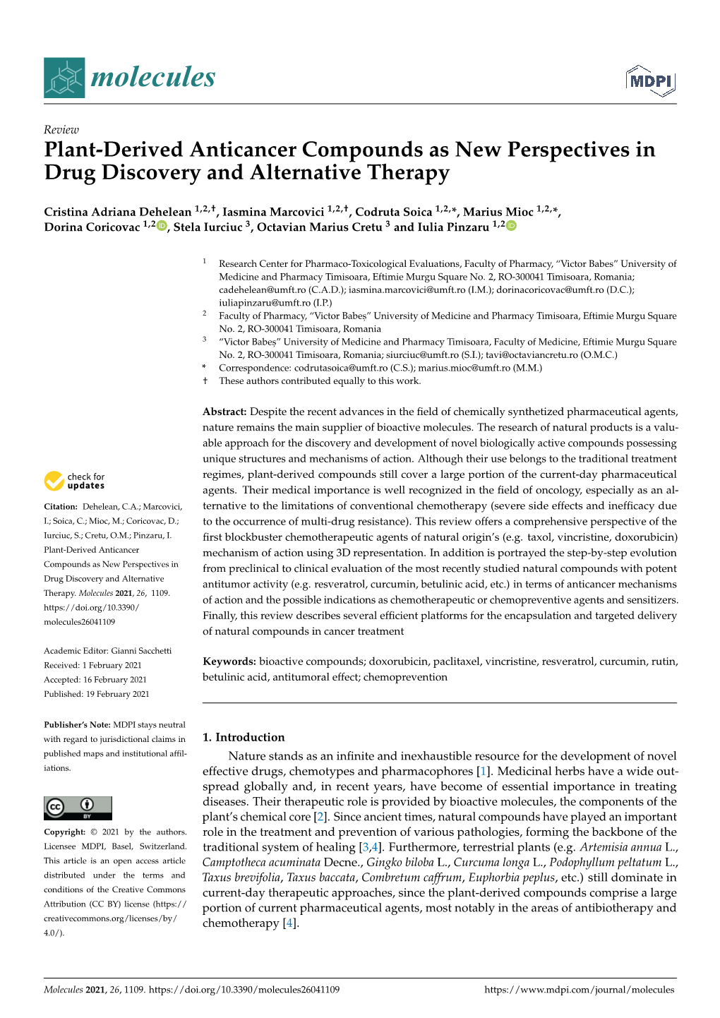 Plant-Derived Anticancer Compounds As New Perspectives in Drug Discovery and Alternative Therapy