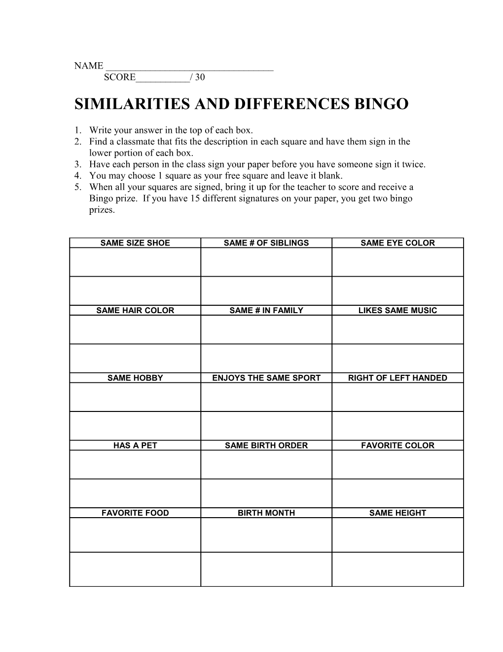 Similarities and Differences Bingo