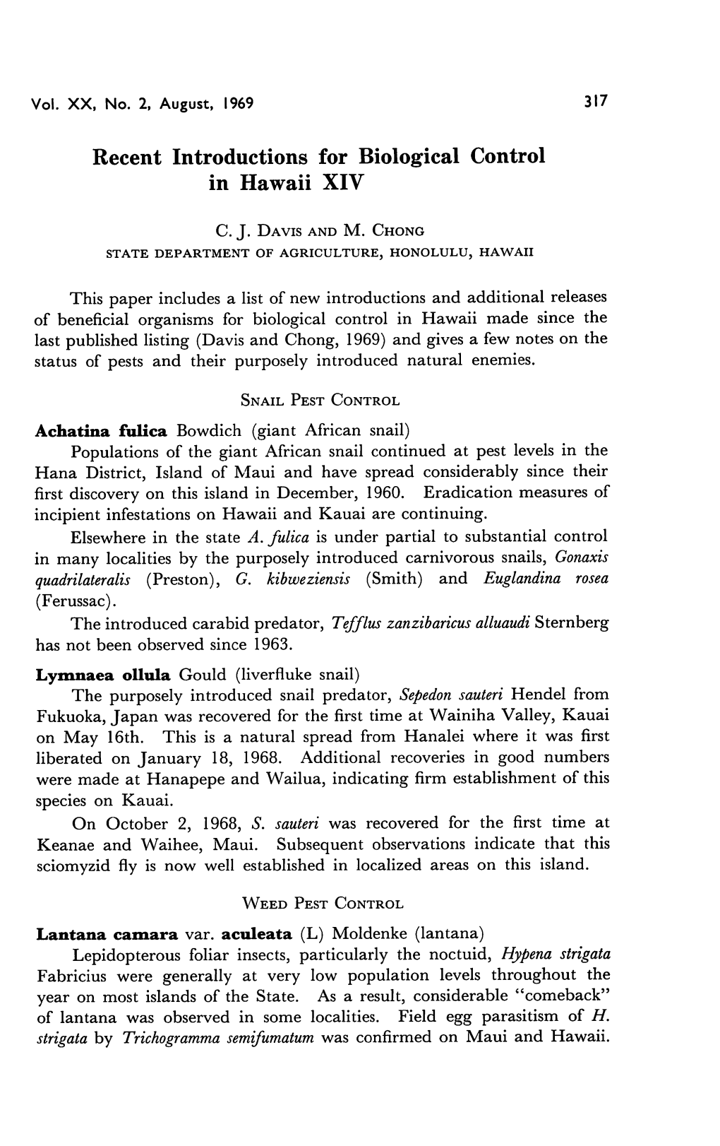 Recent Introductions for Biological Control in Hawaii XIV