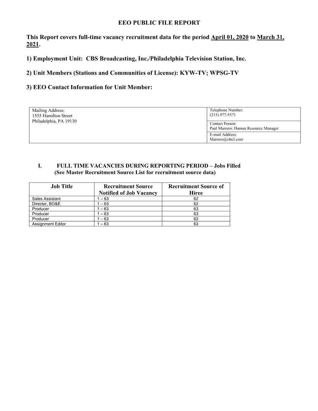 WPSG-KYW 2020-2021 FCC EEO Public File Report