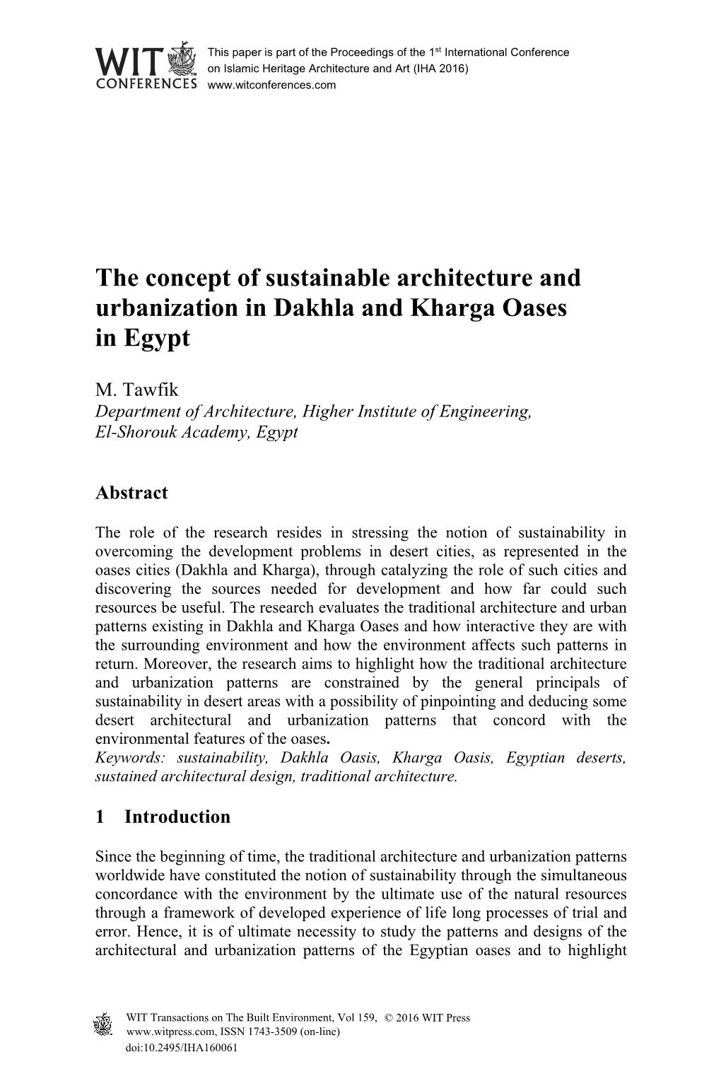 The Concept of Sustainable Architecture and Urbanization in Dakhla and Kharga Oases in Egypt