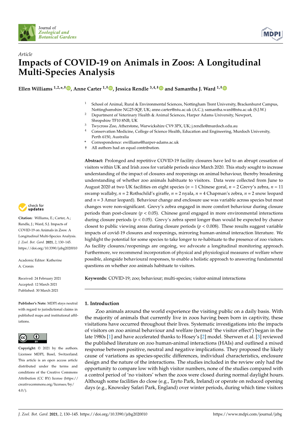 Impacts of COVID-19 on Animals in Zoos: a Longitudinal Multi-Species Analysis