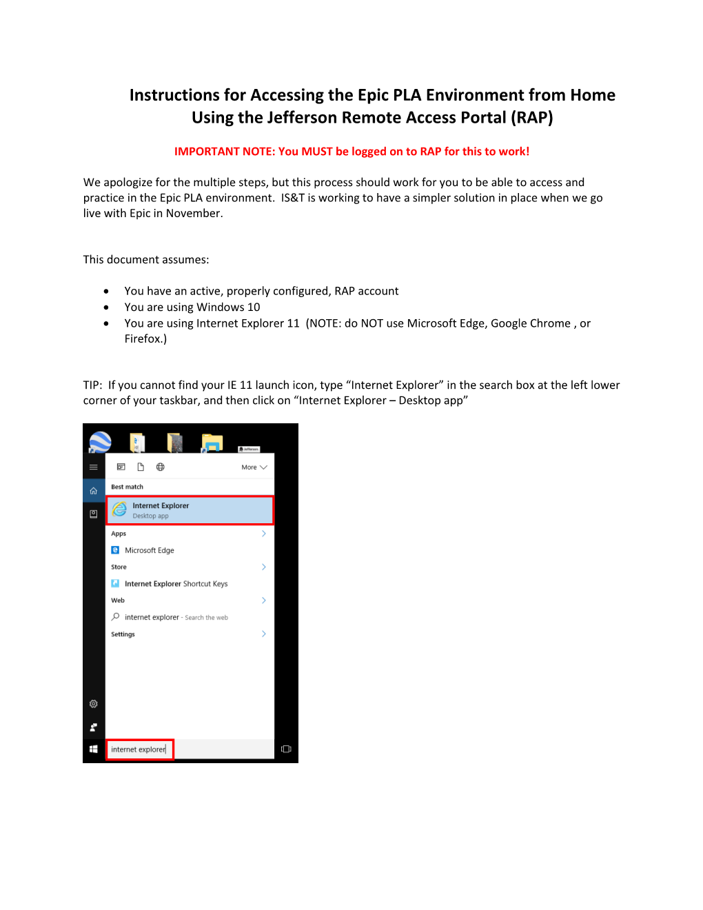 Instructions for Accessing the Epic PLA Environment from Home Using the Jefferson Remote Access Portal (RAP)