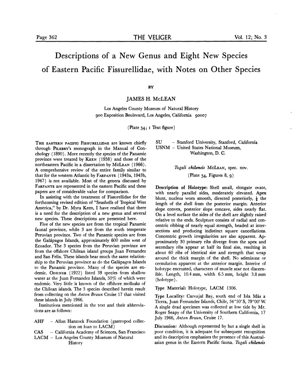 Descriptions of a New Genus and Eight New Species of Eastern Pacific Fissurellidae, with Notes on Other Species