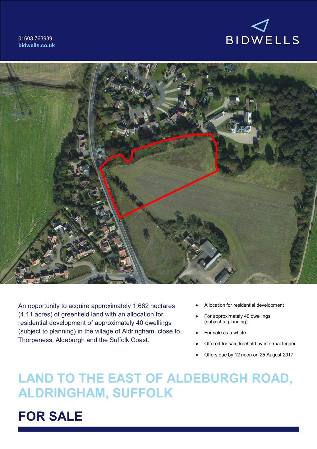 LAND to the EAST of ALDEBURGH ROAD, ALDRINGHAM, SUFFOLK for SALE 01603 763939 Bidwells.Co.Uk