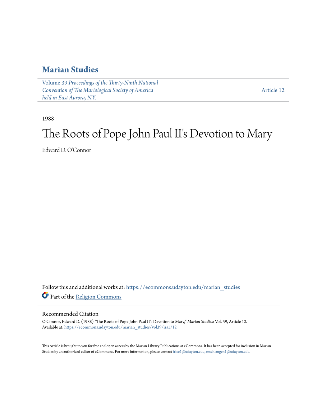 The Roots of Pope John Paul II's Devotion to Mary Edward D
