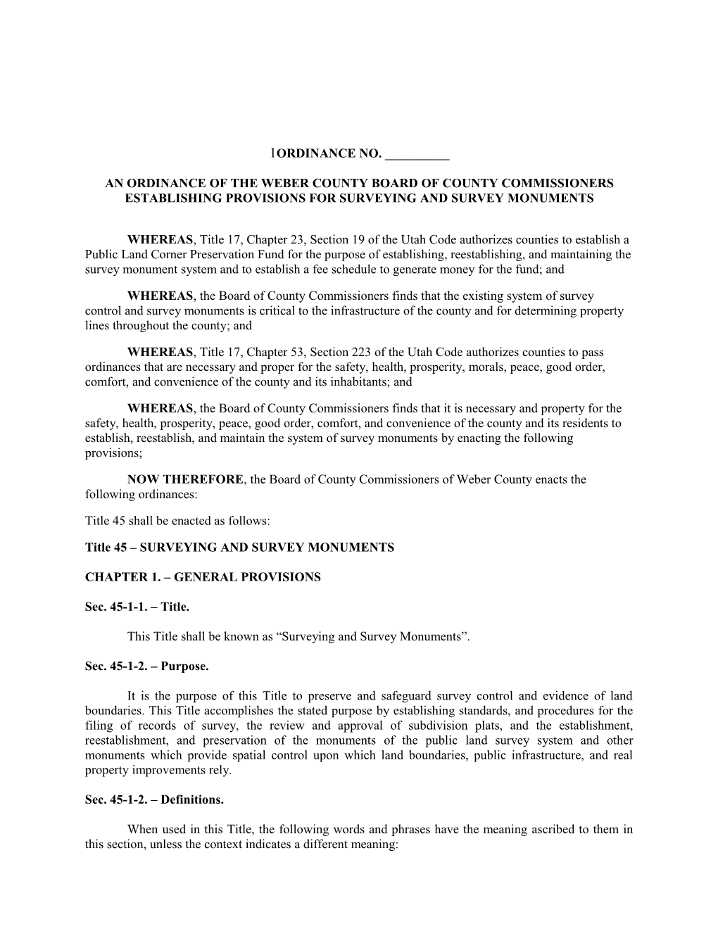 An Ordinance of the Weber County Board of County Commissioners Establishing Provisions