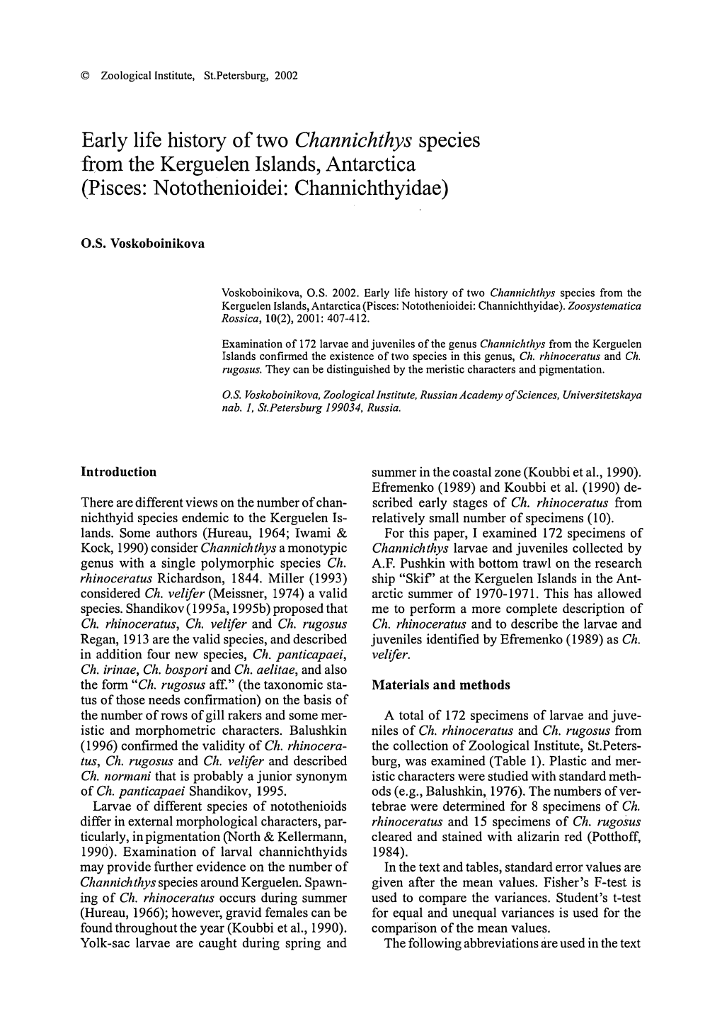 Early Life History of Two Channichthys Species from the Kerguelen Islands, Antarctica (Pisces: Notothenioidei: Channichthyidae)