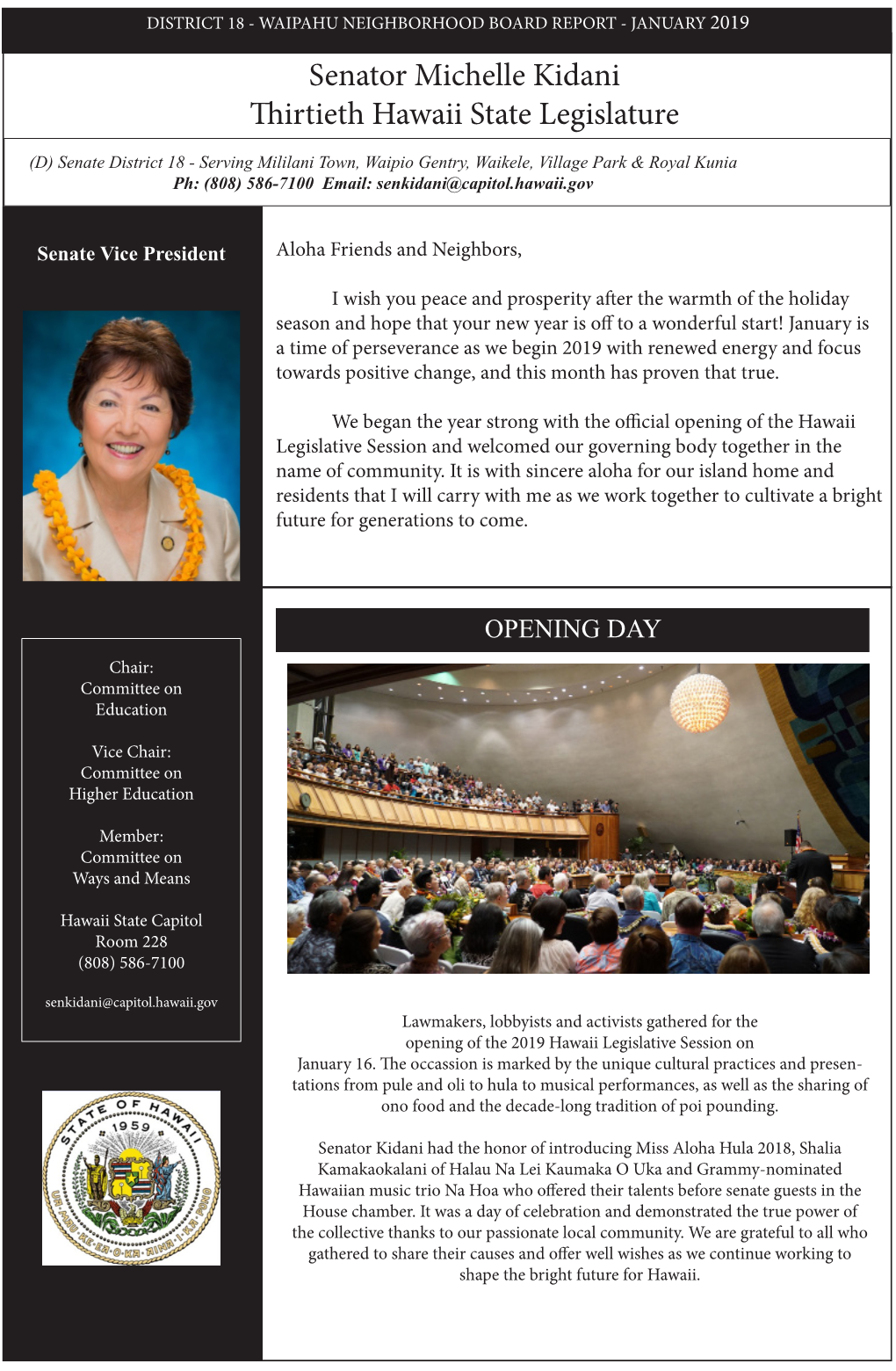 Senator Michelle Kidani Thirtieth Hawaii State Legislature