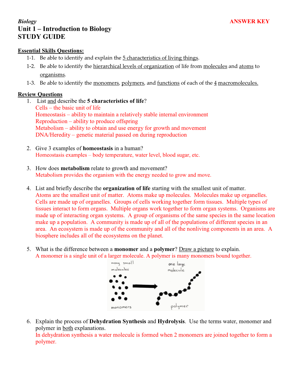 Unit 1 – Introduction to Biology STUDY GUIDE