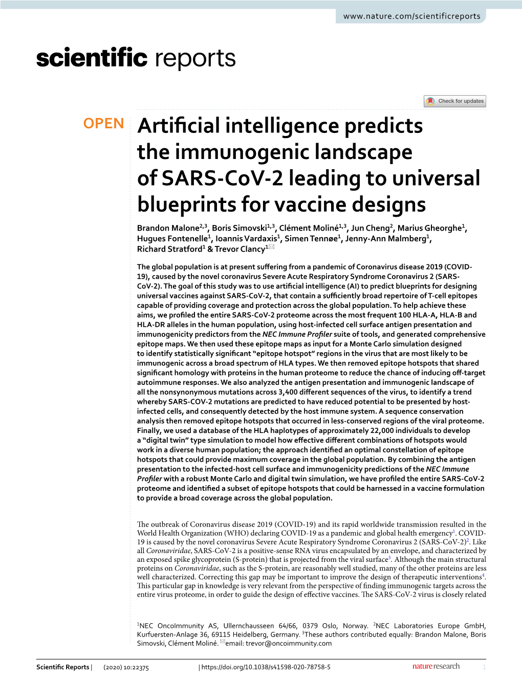 Artificial Intelligence Predicts the Immunogenic Landscape of SARS