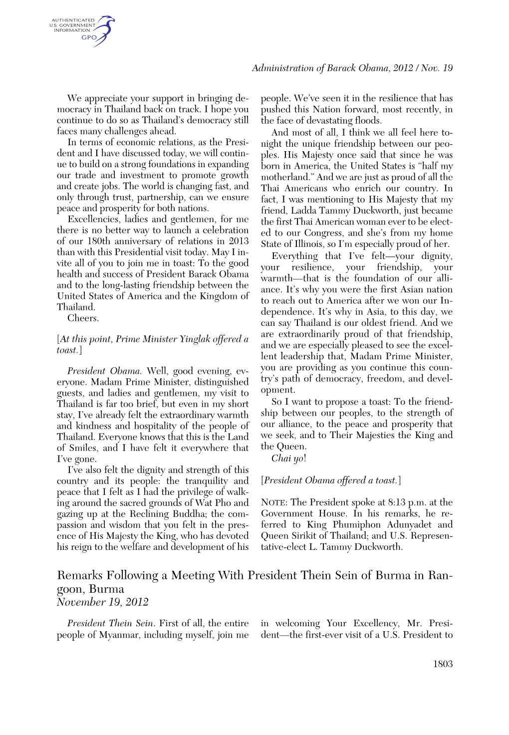 Remarks Following a Meeting with President Thein Sein of Burma in Ran- Goon, Burma November 19, 2012