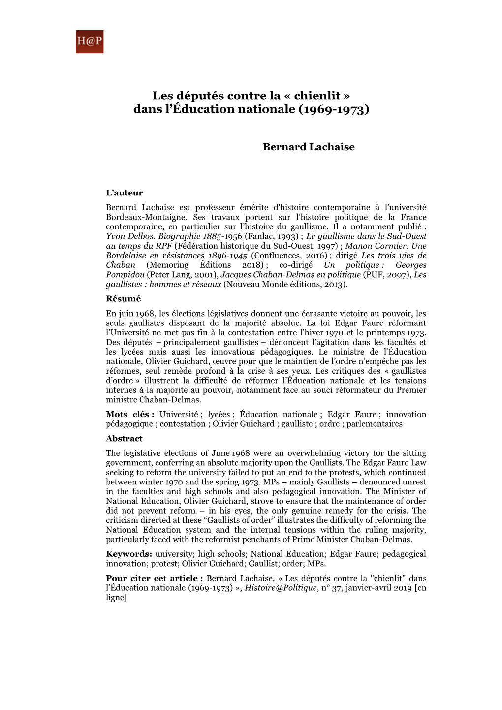 Les Députés Contre La « Chienlit » Dans L'éducation Nationale (1969-1973)