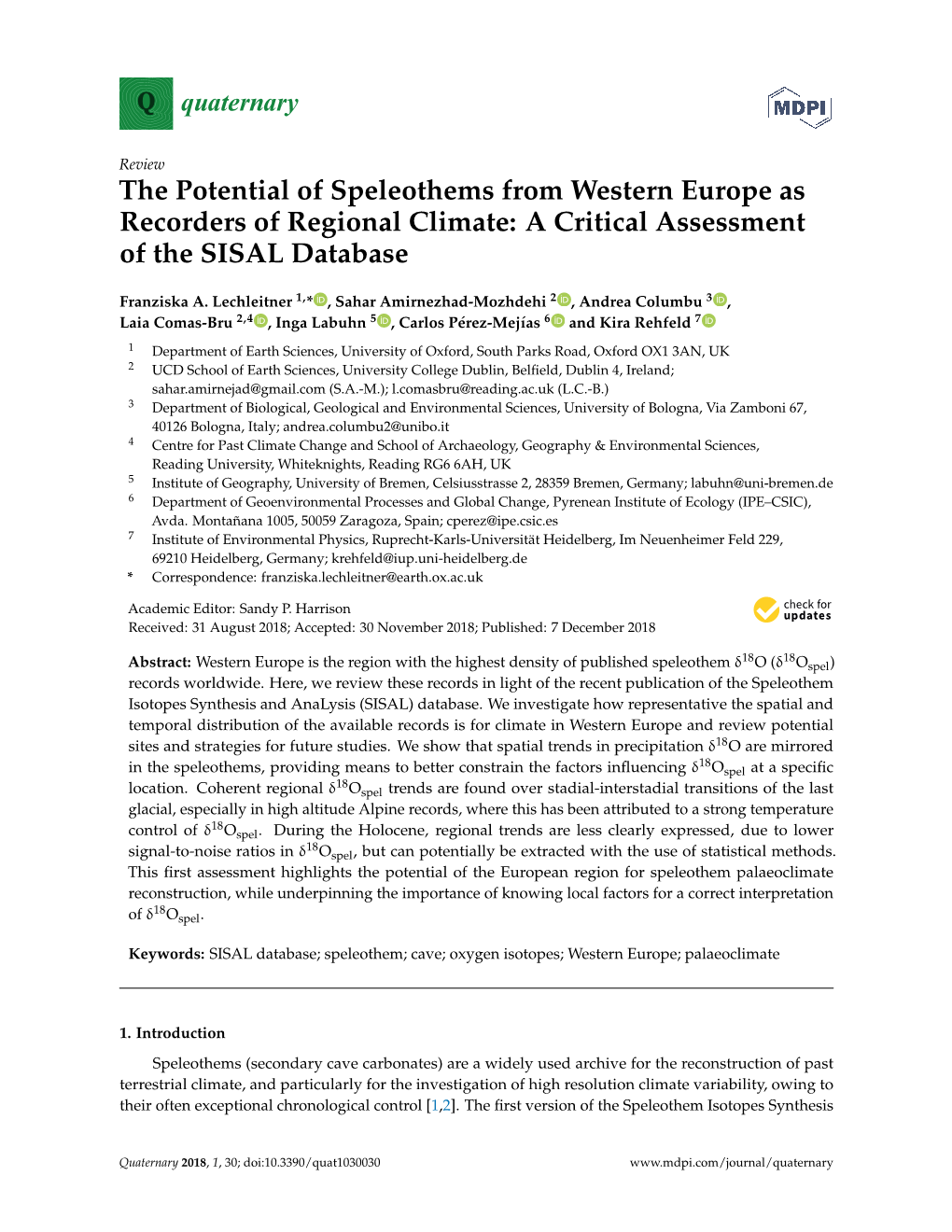 The Potential of Speleothems from Western Europe As Recorders of Regional Climate: a Critical Assessment of the SISAL Database