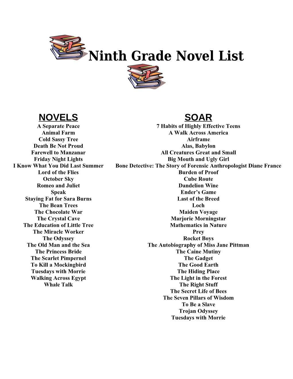 Sixth Grade Novel & Soar List