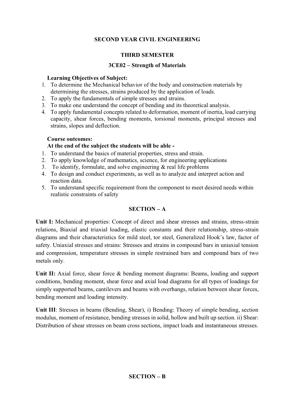 Strength of Materials Learning Objectives of Subject