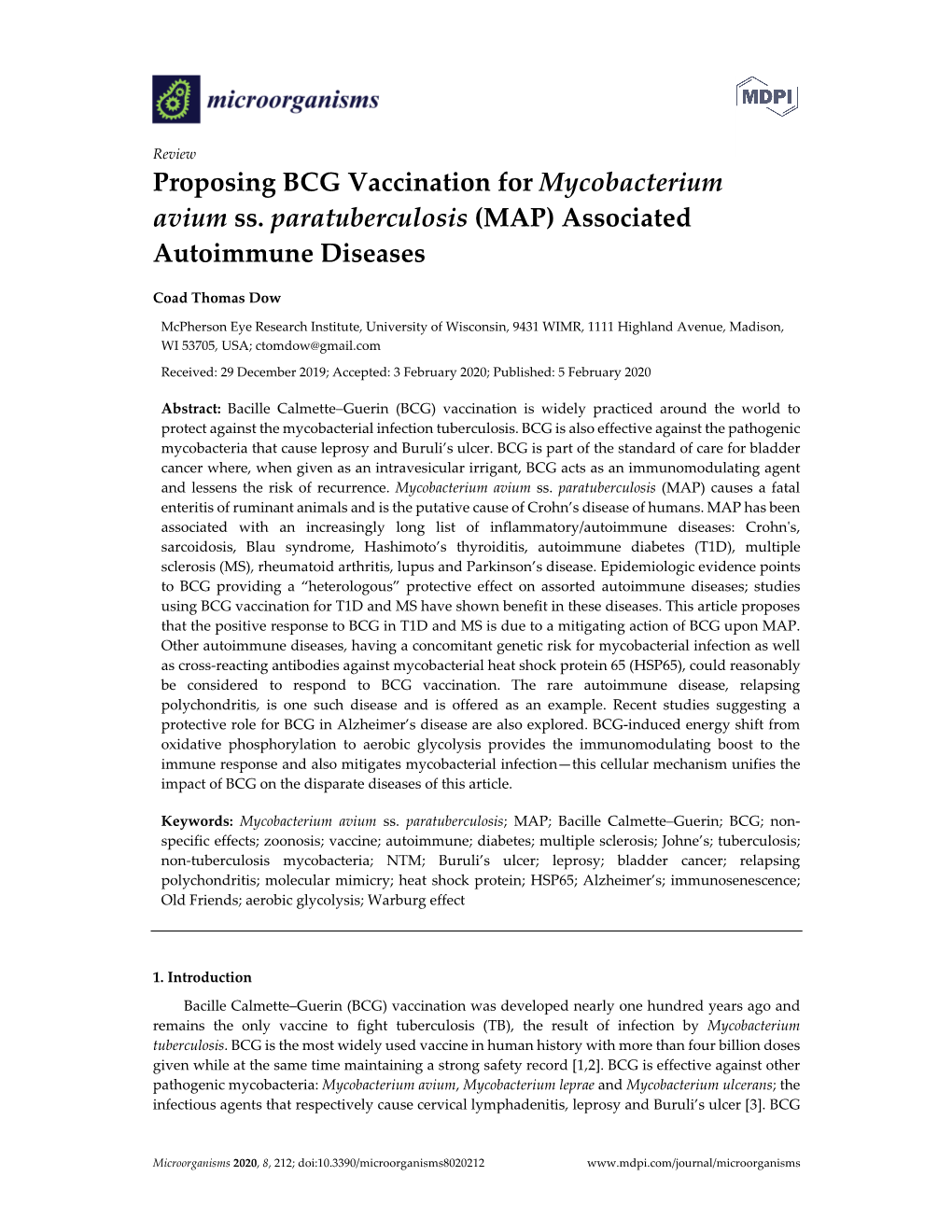 Proposing BCG Vaccination for Mycobacterium Avium Ss