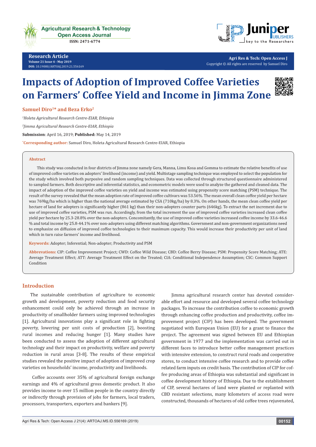 Impacts of Adoption of Improved Coffee Varieties on Farmers' Coffee Yield and Income in Jimma Zone