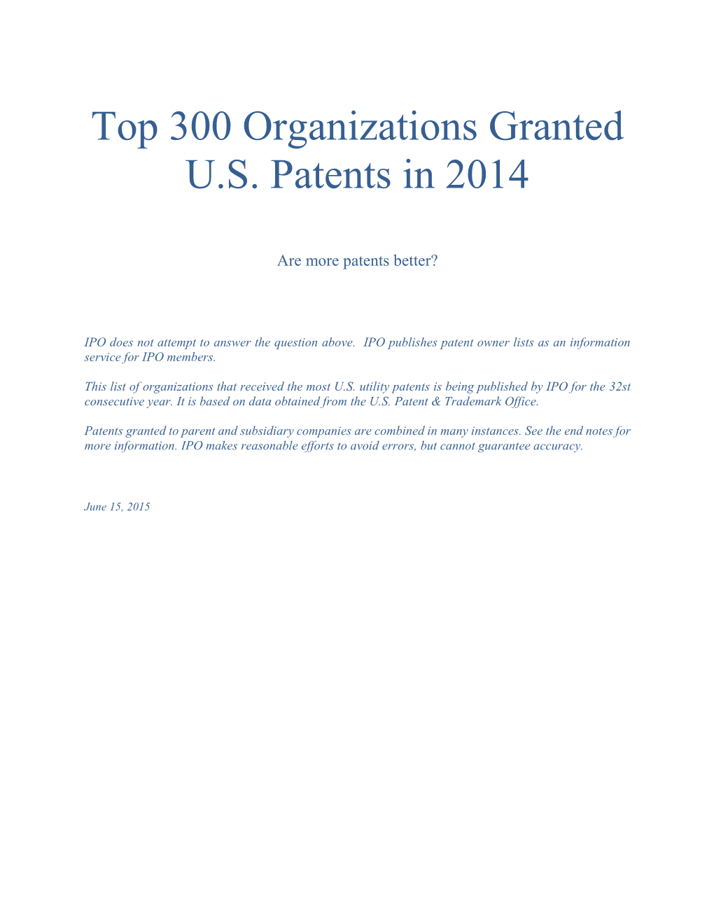 Top 300 Organizations Granted U.S. Patents in 2014